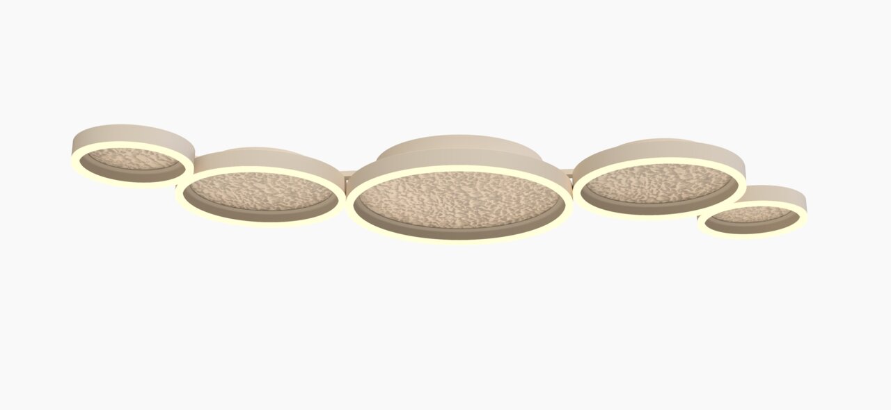 Moderne LED-Deckenleuchte mit fünf runden, beleuchteten Elementen, seitliche Perspektive