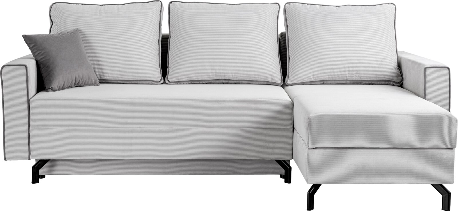 Schlafsofa in L-Form mit rechter Ausrichtung, grauer Stoffbezug, drei Rückenkissen und ein Zierkissen, frontale Perspektive