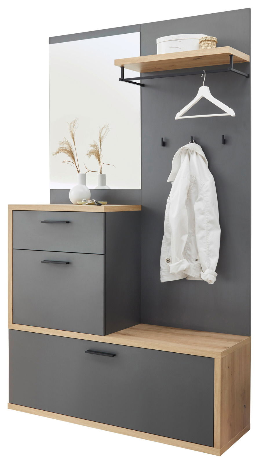 Kompaktgarderobe in modernem Design mit grauen Fronten und Holzdetails, inklusive Spiegel, Kleiderhaken und Ablage, seitliche Perspektive