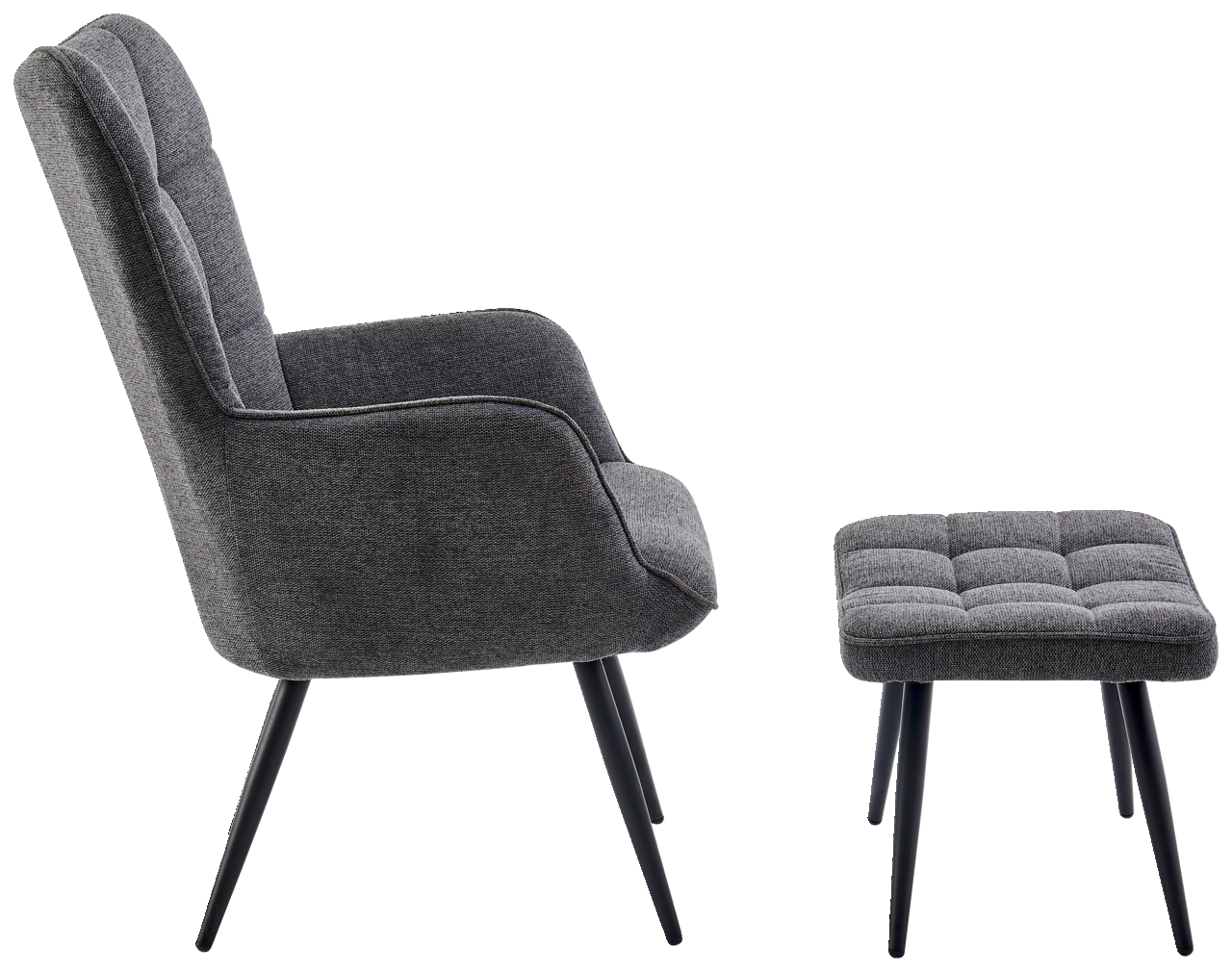 Seitenansicht eines grauen Sessels mit passendem Hocker, beide mit schlanken, schwarzen Beinen.