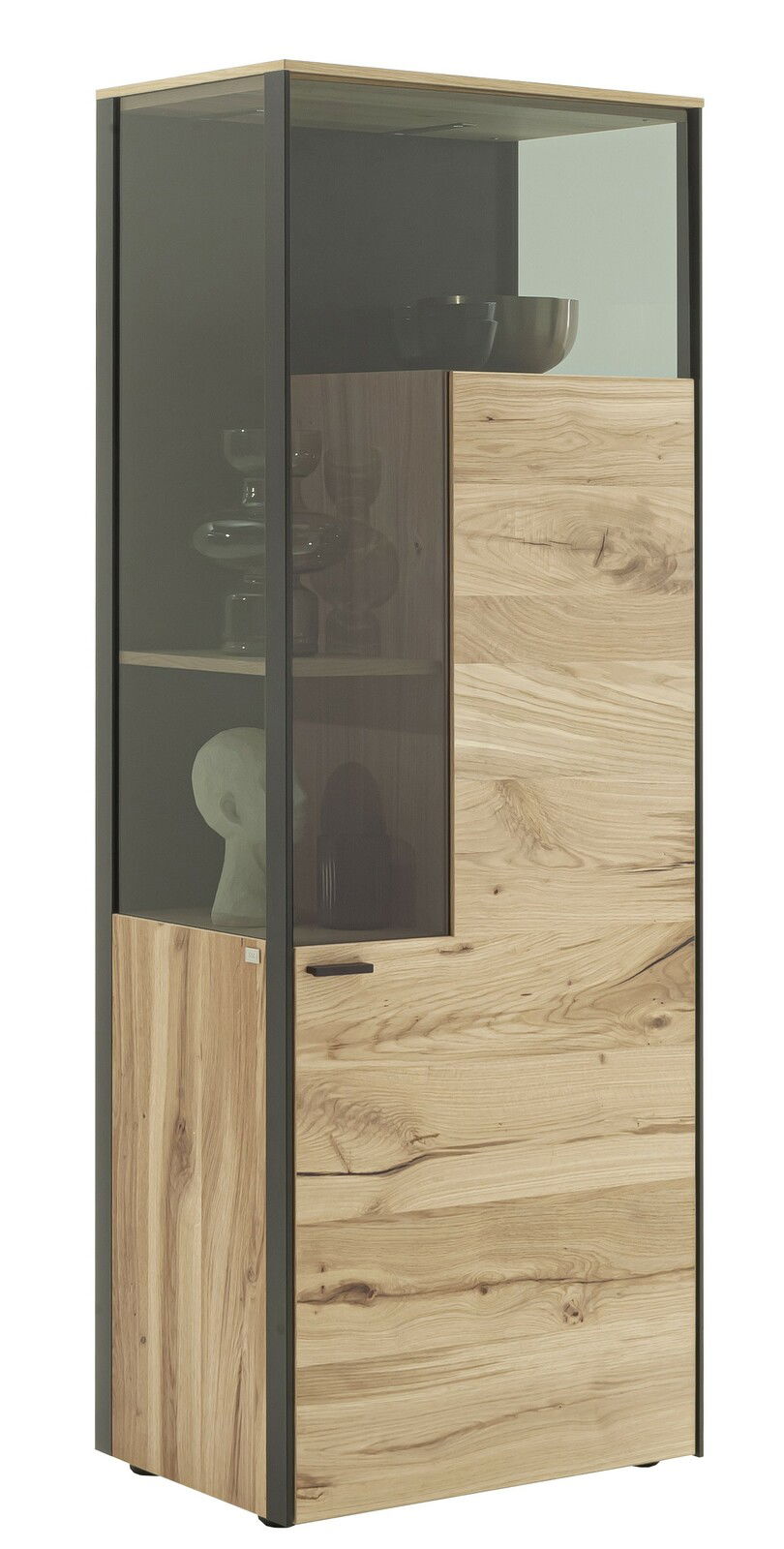 Modernes Highboard aus Holz mit Glaselementen, seitliche Perspektive