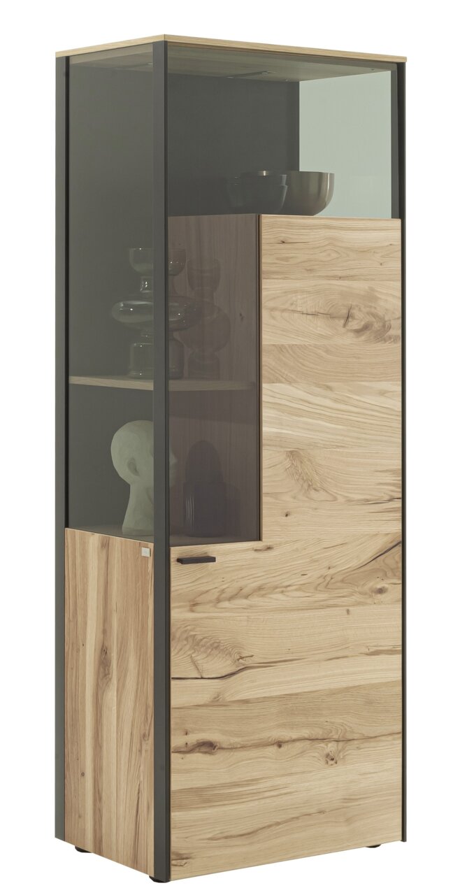 Modern hoogkast van hout met glazen elementen, zijaanzicht