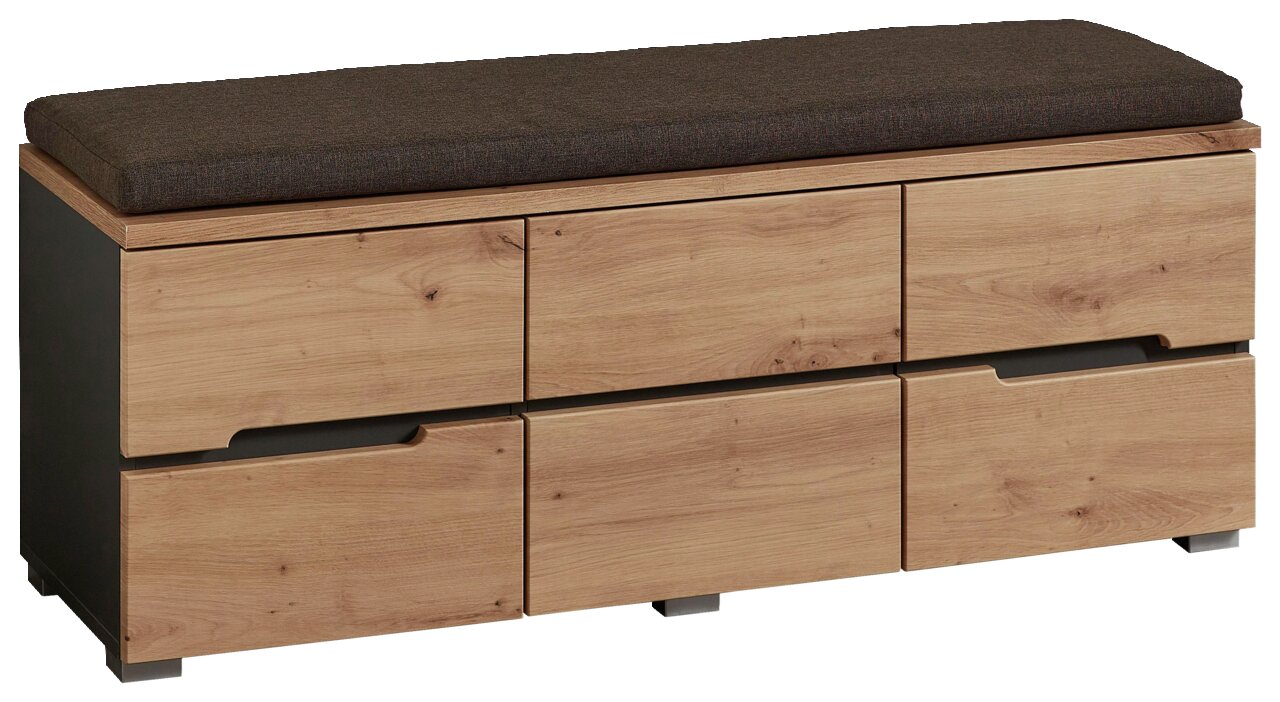 XL-Garderobenbank aus Holz mit drei Schubladen und gepolstertem Sitzkissen, seitliche Perspektive
