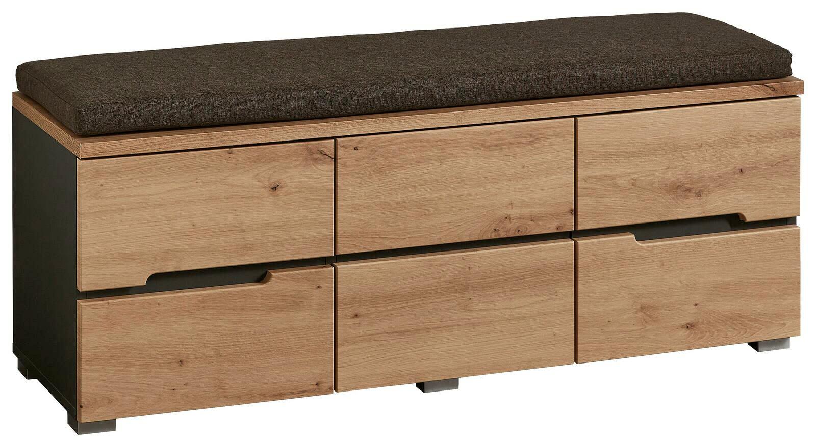 XL-Garderobenbank aus Holz mit drei Schubladen und gepolstertem Sitzkissen, seitliche Perspektive