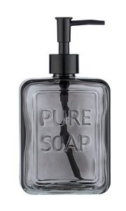 Grauer Seifenspender mit der Aufschrift 'PURE SOAP', frontal abgebildet.