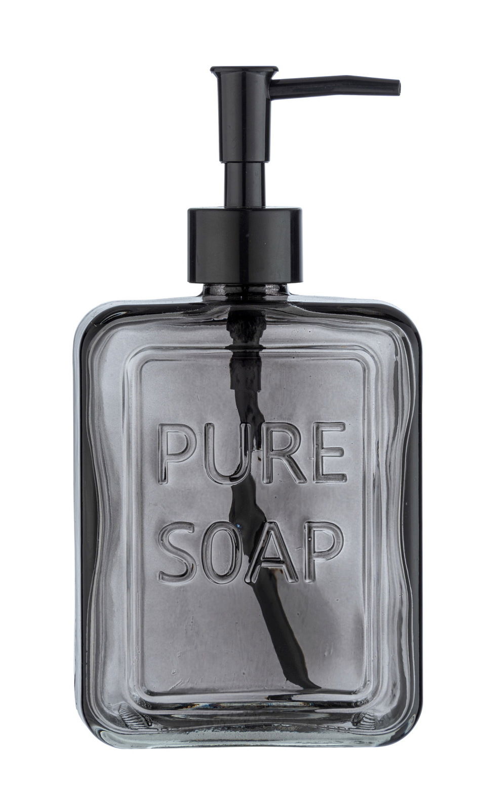 Grauer Seifenspender mit der Aufschrift 'PURE SOAP', frontal abgebildet.