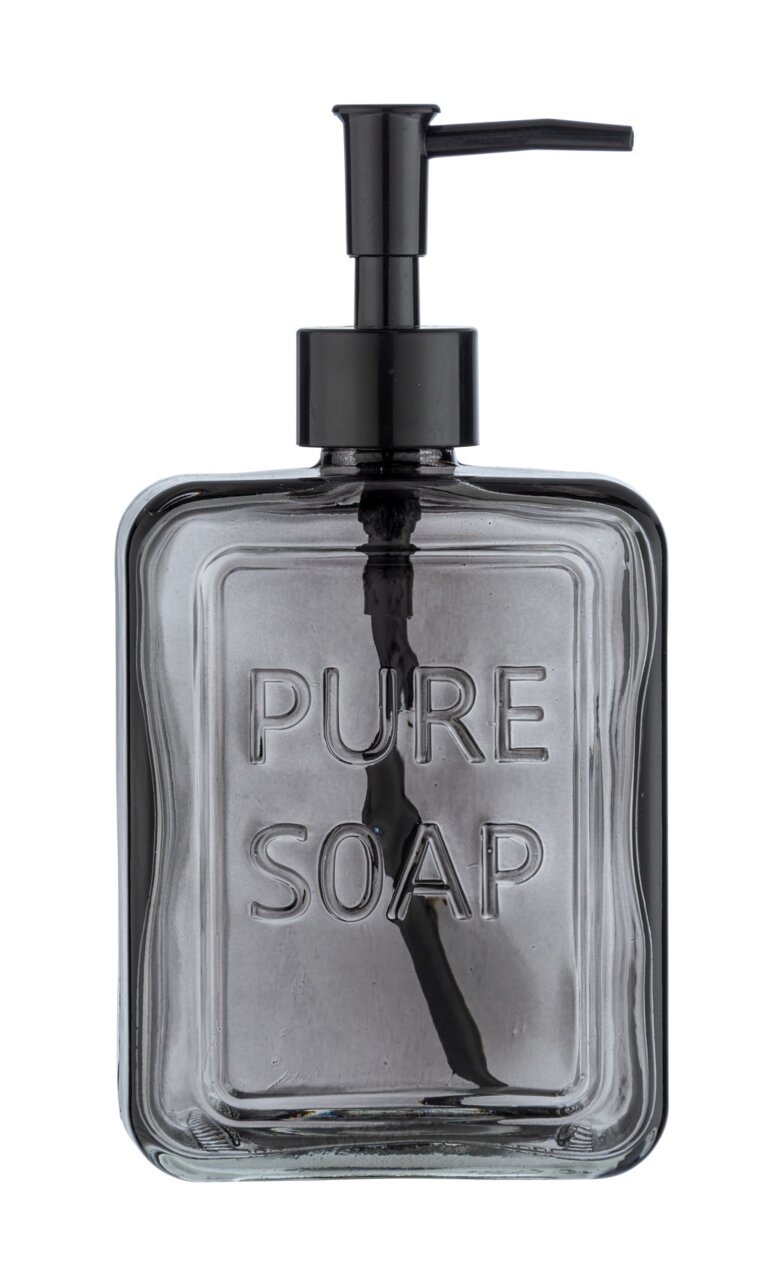 Wenko Seifenspender PURE SOAP Grauer Seifenspender mit der Aufschrift 'PURE SOAP', frontal abgebildet.
