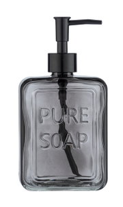 Grauer Seifenspender mit der Aufschrift 'PURE SOAP', frontal abgebildet.