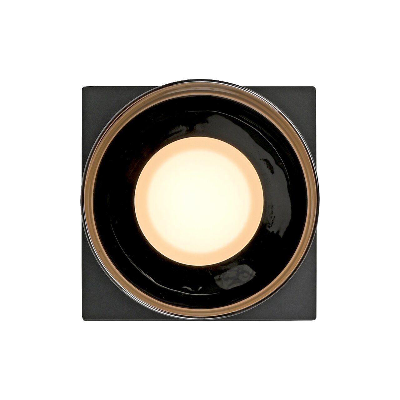 Moderne Deckenleuchte RIKA in quadratischer Form, von oben betrachtet, mit einem zentralen, leuchtenden Kreis.