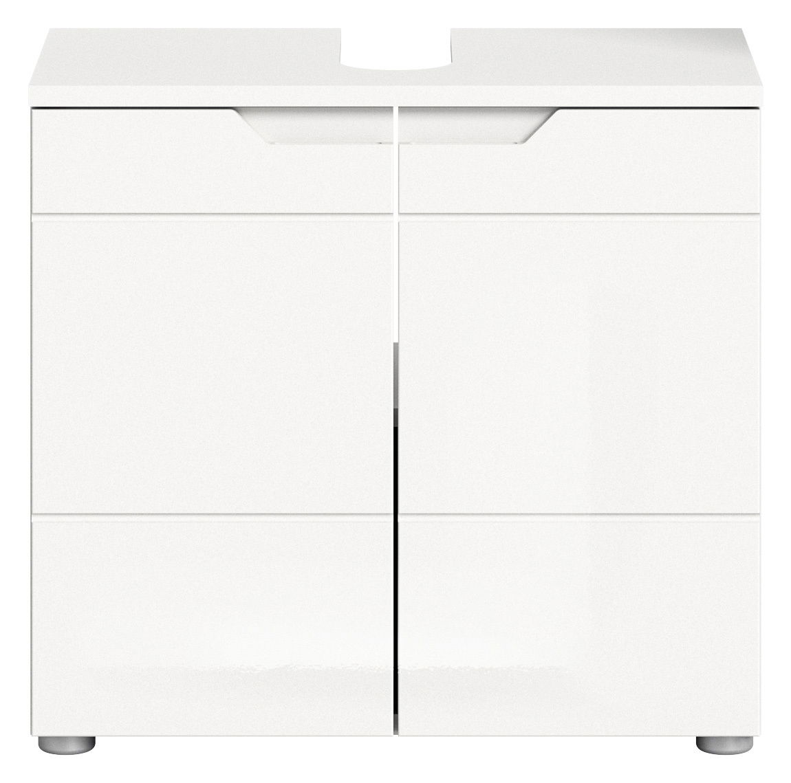 Moderner weißer Waschbeckenunterschrank mit zwei Türen, Frontalansicht