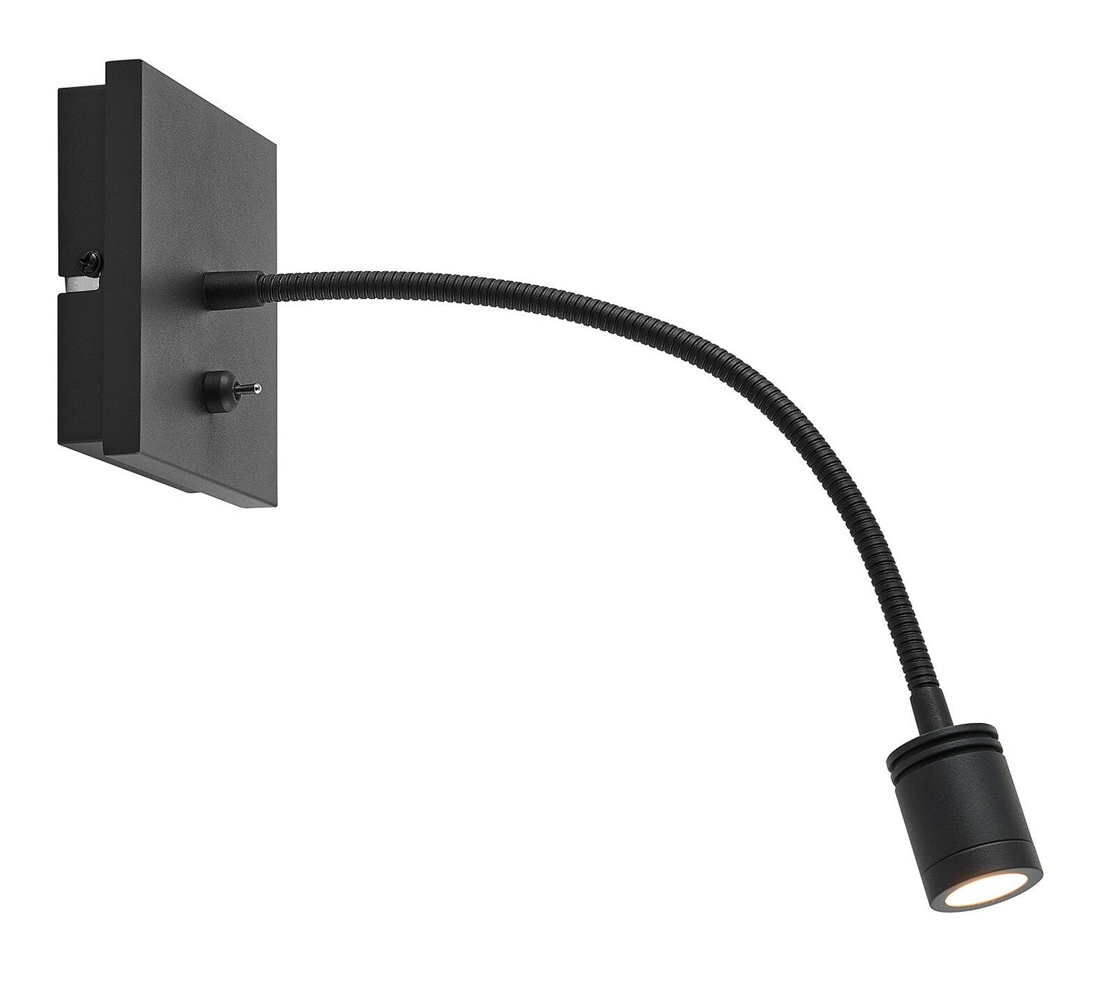 Schwarze LED-Wandleuchte mit flexiblem Arm, seitliche Perspektive