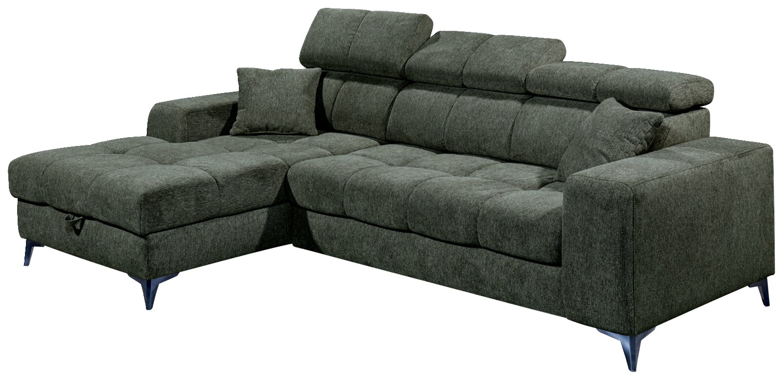 Grünes Ecksofa mit verstellbaren Kopfstützen und Kissen, Perspektive von vorne links