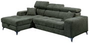 Grünes Ecksofa mit verstellbaren Kopfstützen und Kissen, Perspektive von vorne links