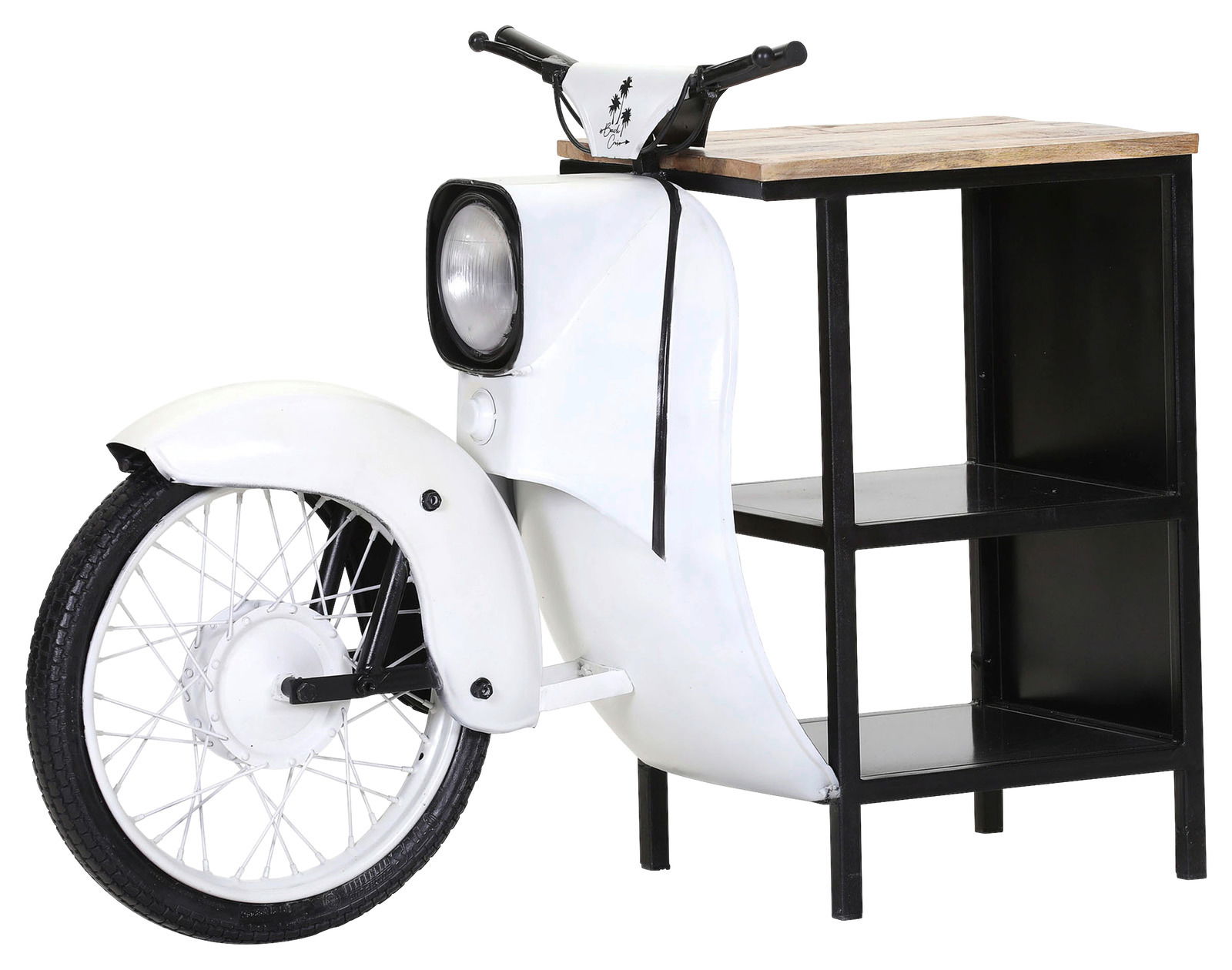 Regalelement im Design eines Vespa Rollers, Vorderansicht mit weißem Frontteil und schwarzem Regal.