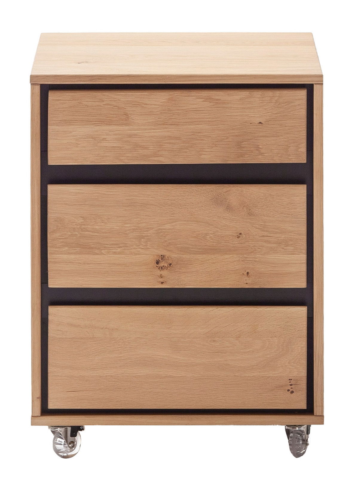 Rollcontainer aus Holz mit drei Schubladen und Rollen, Frontalansicht