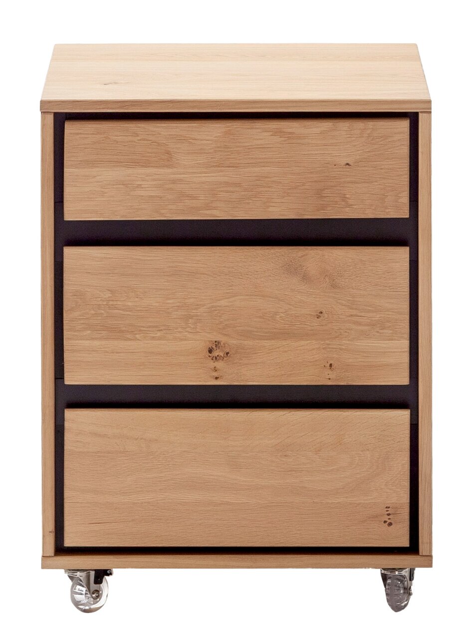 Rollcontainer aus Holz mit drei Schubladen und Rollen, Frontalansicht