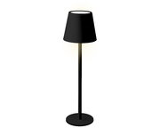 Schwarze LED Tischleuchte mit rundem Sockel und konischem Lampenschirm, seitliche Perspektive