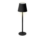 Schwarze LED Tischleuchte mit rundem Sockel und konischem Lampenschirm, seitliche Perspektive
