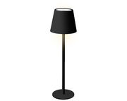Schwarze LED Tischleuchte mit rundem Sockel und konischem Lampenschirm, seitliche Perspektive
