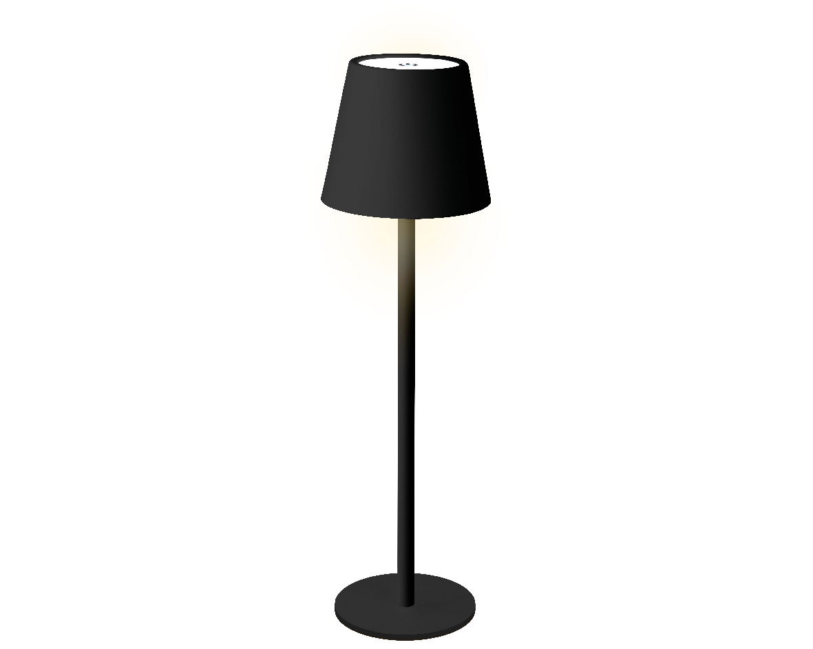 Schwarze LED Tischleuchte mit rundem Sockel und konischem Lampenschirm, seitliche Perspektive