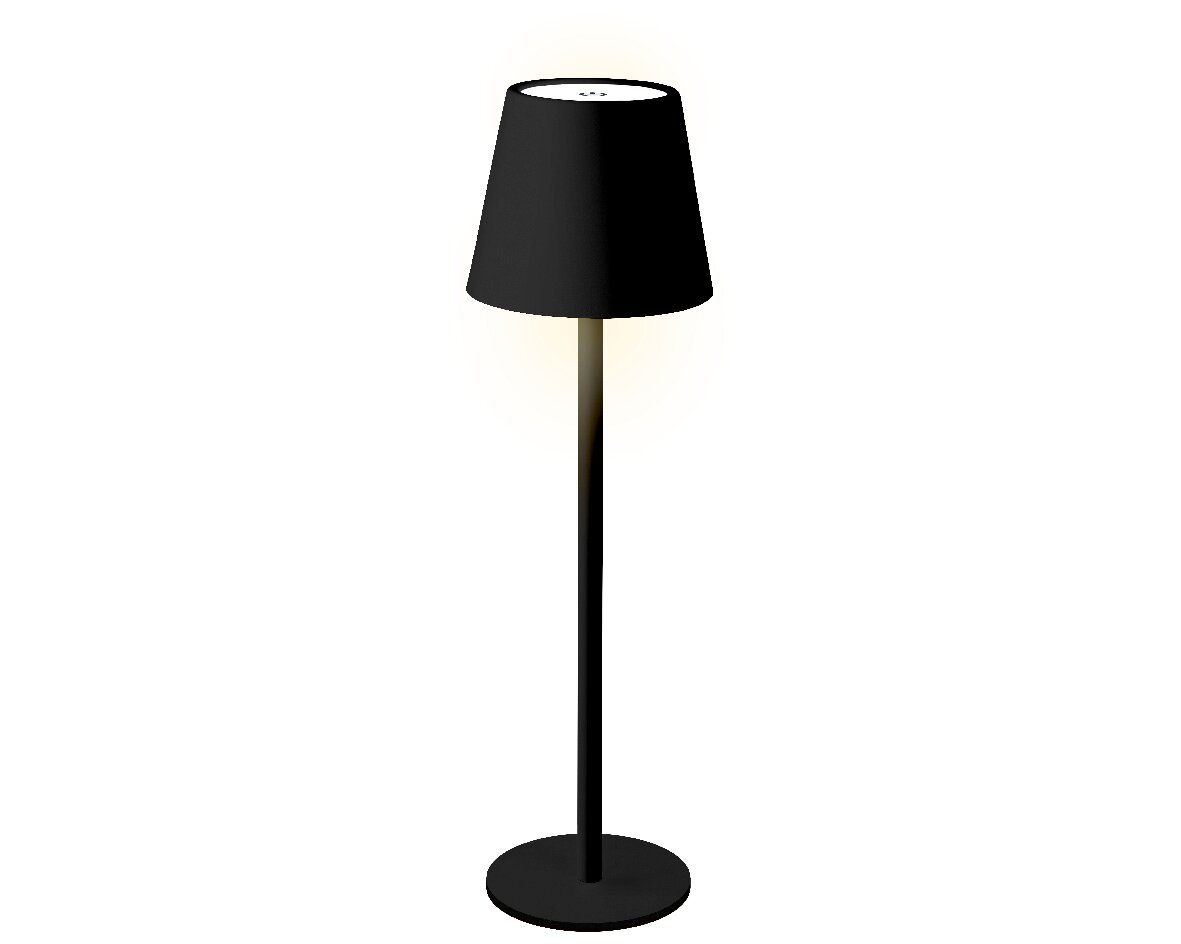 Schwarze LED Tischleuchte mit rundem Sockel und konischem Lampenschirm, seitliche Perspektive