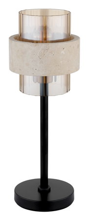 Moderne Tischleuchte mit rauchfarbenem Glaszylinder und Travertin-Steinring auf schwarzem Metallfuß, frontale Ansicht
