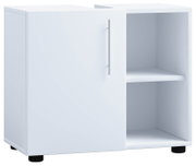 Weißer Badezimmerschrank/Unterschrank mit Tür und offenem Regalfach, mit silbernem Griff und schwarzen Füßen, schräg von vorne (Frontansicht leicht seitlich) freigestellt auf weißem Hintergrund