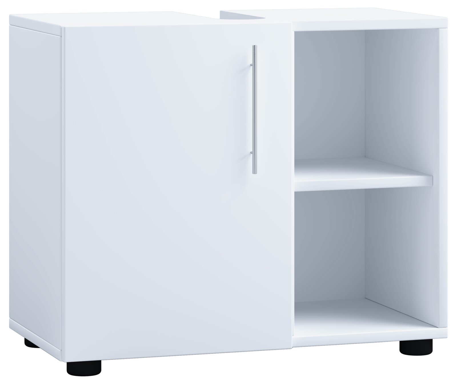 Weißer Badezimmerschrank/Unterschrank mit Tür und offenem Regalfach, mit silbernem Griff und schwarzen Füßen, schräg von vorne (Frontansicht leicht seitlich) freigestellt auf weißem Hintergrund