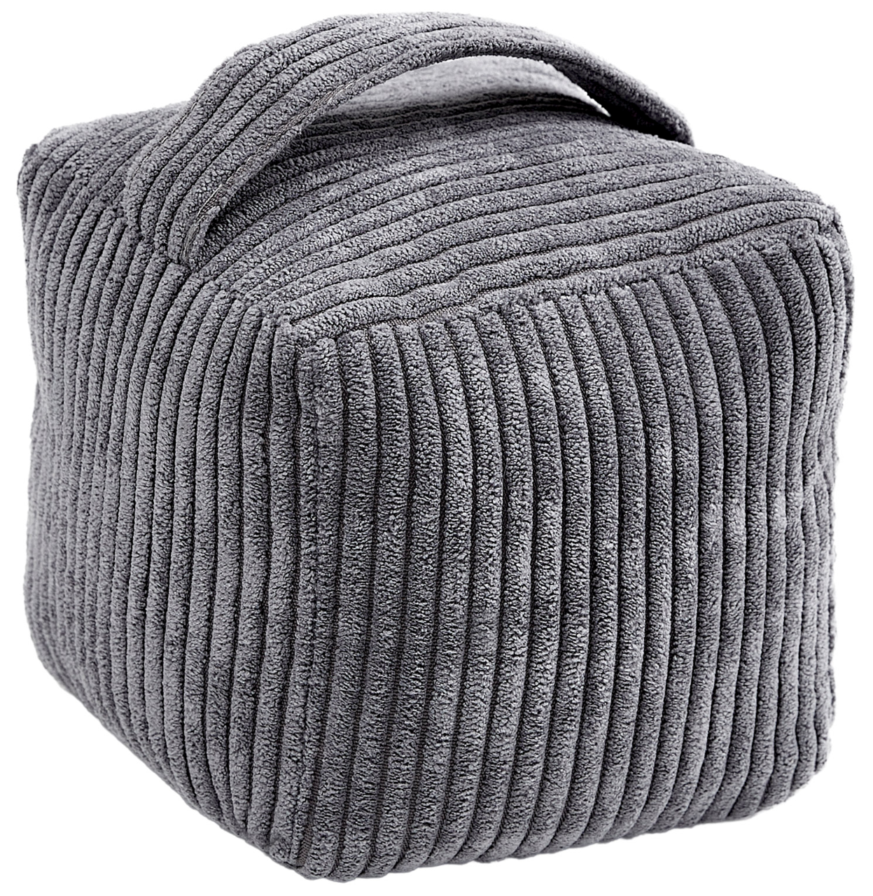 Grauer Türstopper Emy aus weichem, geripptem Stoff mit Tragegriff, perspektivisch von schräg oben fotografiert.