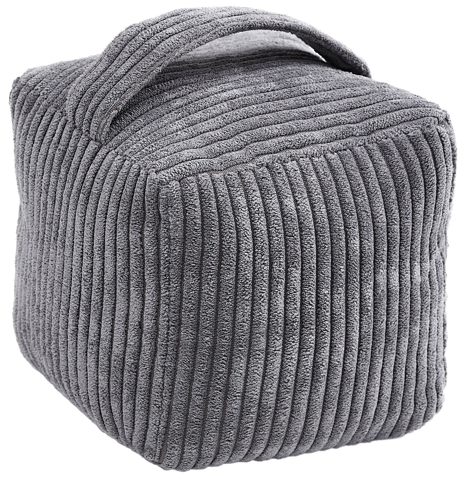 Grauer Türstopper Emy aus weichem, geripptem Stoff mit Tragegriff, perspektivisch von schräg oben fotografiert.