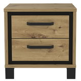 Frontansicht einer modernen Nachtkonsole mit zwei Schubladen in Holzoptik und schwarzen Griffen.