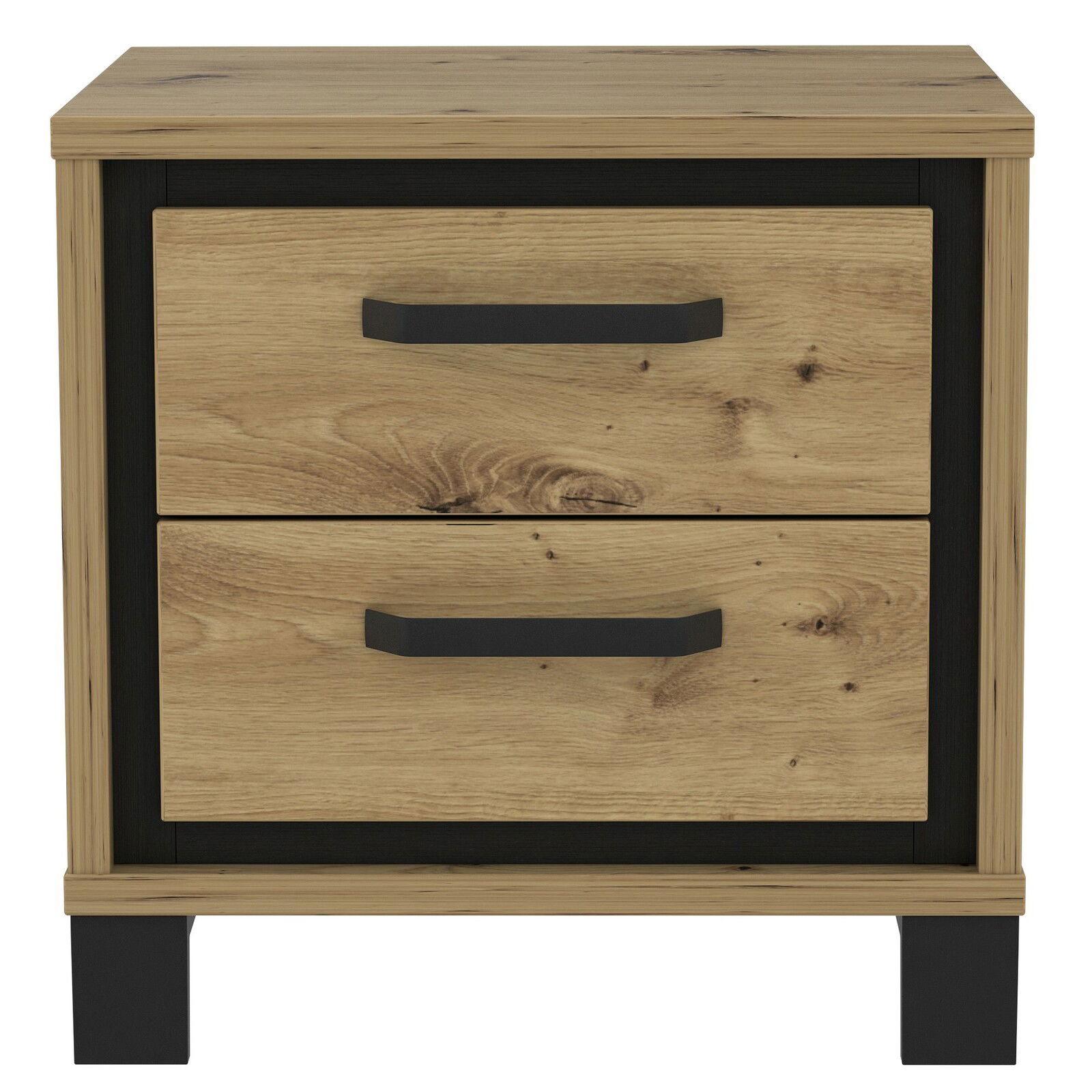 Frontansicht einer modernen Nachtkonsole mit zwei Schubladen in Holzoptik und schwarzen Griffen.