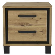 Frontansicht einer modernen Nachtkonsole mit zwei Schubladen in Holzoptik und schwarzen Griffen.