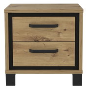 Frontansicht einer modernen Nachtkonsole mit zwei Schubladen in Holzoptik und schwarzen Griffen.