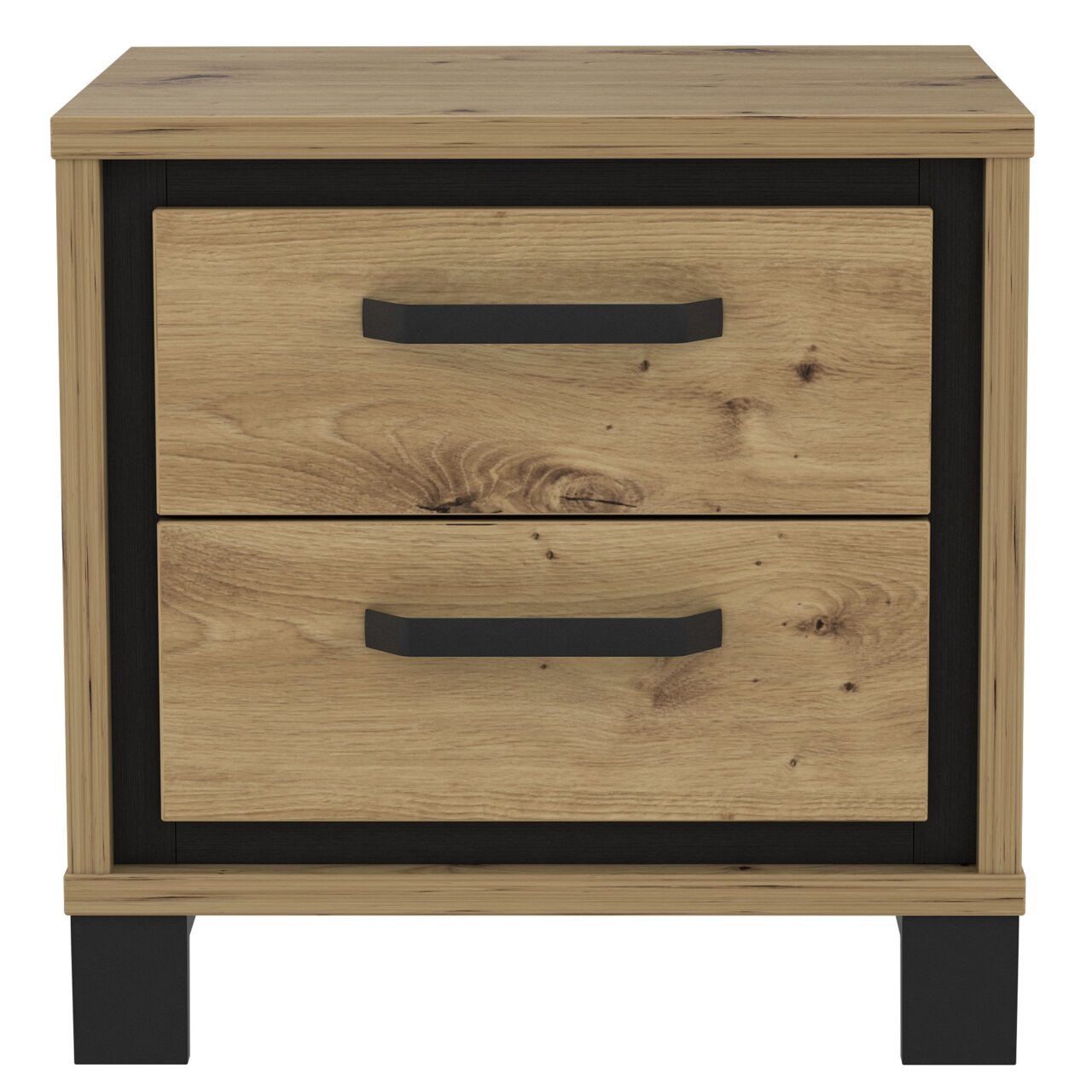 Vooraanzicht van een modern nachtkastje met twee lades in houtlook en zwarte handgrepen.