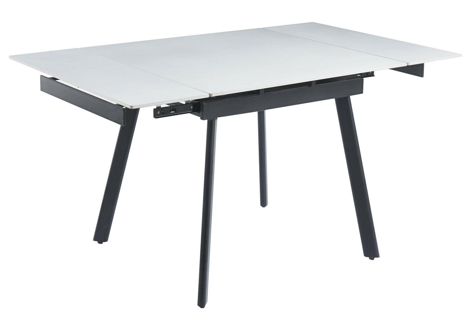Moderner Esstisch mit ausziehbarer weißer Tischplatte und schwarzen Beinen, seitliche Perspektive