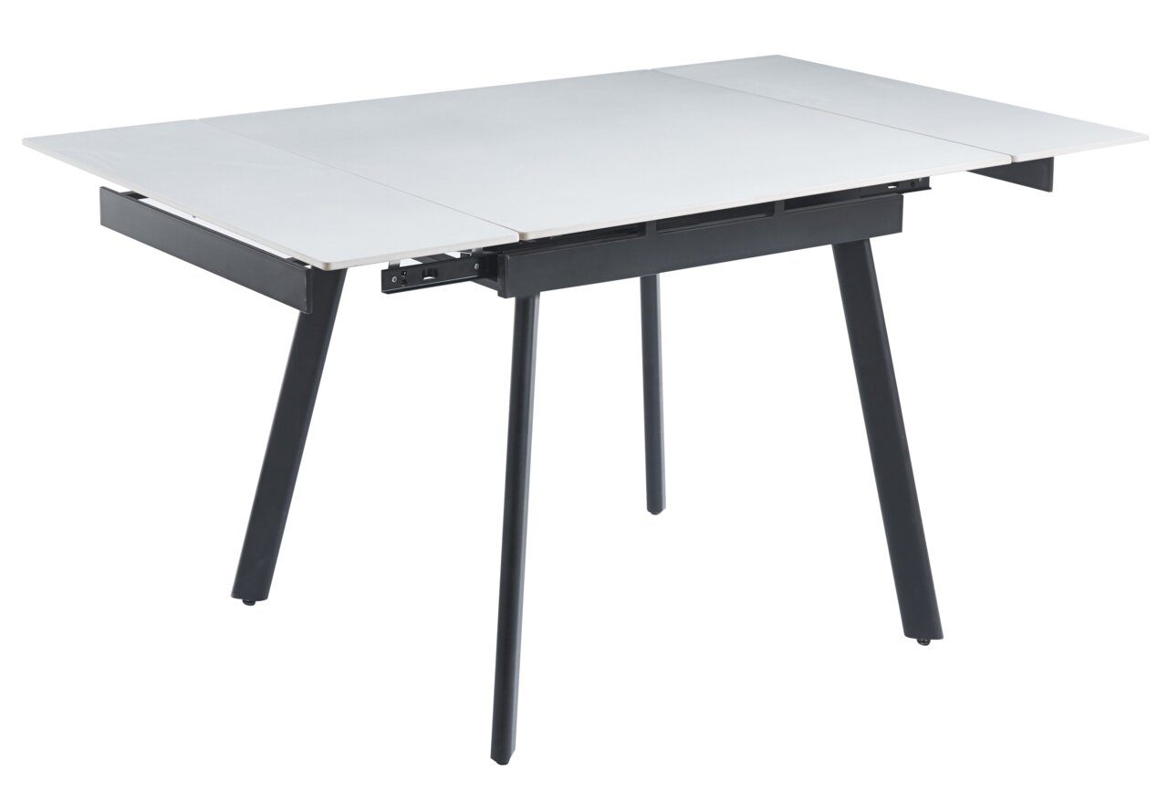 Novel Esstisch MAILAND Moderner Esstisch mit ausziehbarer weißer Tischplatte und schwarzen Beinen, seitliche Perspektive