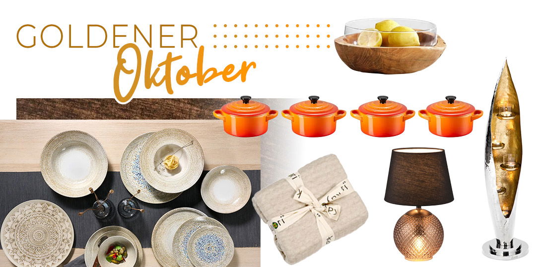 Geschirr, Deko-Schale, orange Mini-Töpfe, Decke, Tischlampe und Dekofigur im Oktober-Motto.