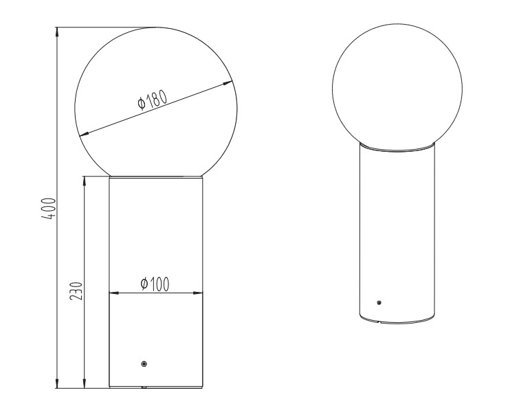 Technische Zeichnung einer Außen-Sockelleuchte mit kugelförmigem Leuchtkörper und zylindrischem Sockel, Seiten- und Frontalansicht.