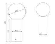 Technische Zeichnung einer Außen-Sockelleuchte mit kugelförmigem Leuchtkörper und zylindrischem Sockel, Seiten- und Frontalansicht.