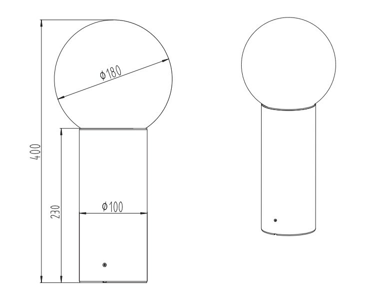 Technische Zeichnung einer Außen-Sockelleuchte mit kugelförmigem Leuchtkörper und zylindrischem Sockel, Seiten- und Frontalansicht.