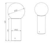 Technische tekening van een buitenplintlamp met een bolvormige lampkap en een cilindrische voet, zijaanzicht en vooraanzicht.