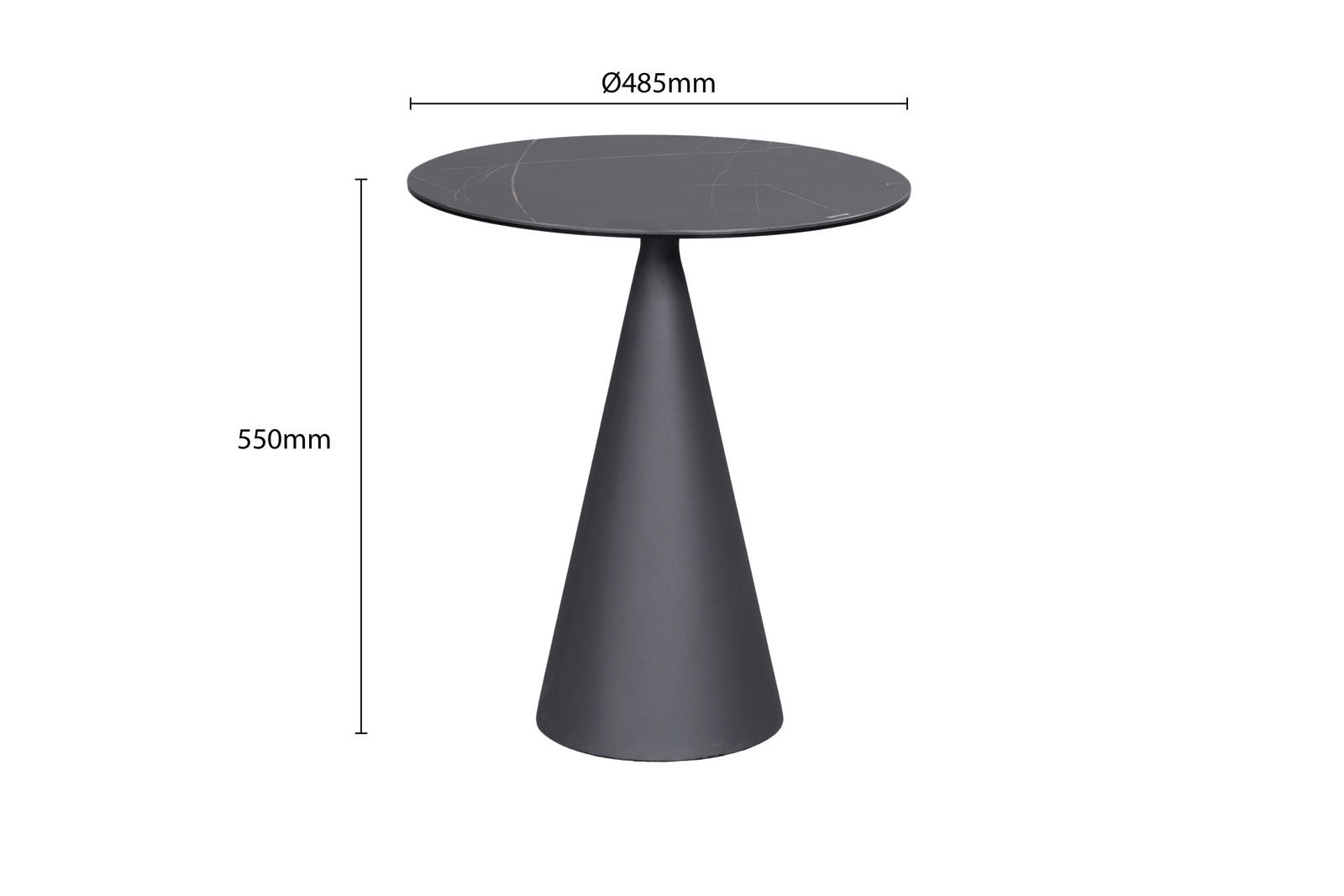 Moderner Beistelltisch mit konischem Fuß und runder Tischplatte, seitliche Perspektive, Maße: Höhe 550mm, Durchmesser 485mm.