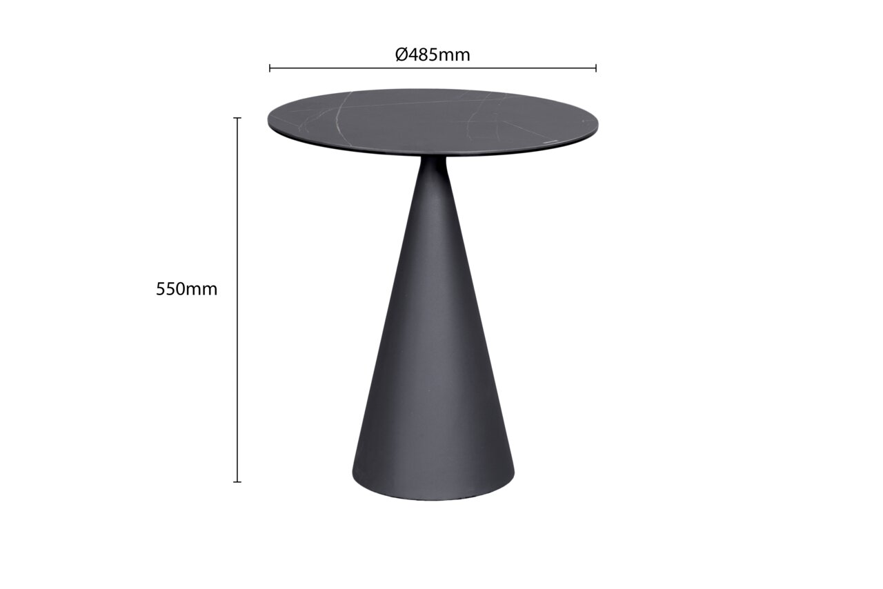 Moderner Beistelltisch mit konischem Fuß und runder Tischplatte, seitliche Perspektive, Maße: Höhe 550mm, Durchmesser 485mm.