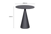 Moderne bijzettafel met conische poot en rond tafelblad, zijaanzicht, afmetingen: hoogte 550 mm, diameter 485 mm.