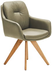 Moderner Armlehnstuhl mit olivgrünem Polster und Holzbeinen, seitliche Perspektive