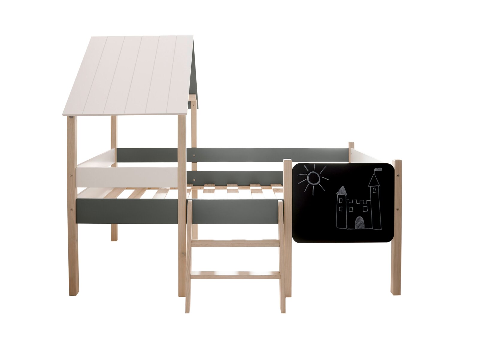 Hausbett aus Holz mit Dach und Tafel, seitliche Perspektive