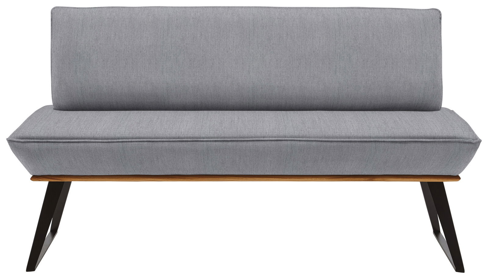 Graue Bank mit gepolsterter Sitzfläche und Rückenlehne, Holzrahmen und schwarzen Metallbeinen, Frontalansicht.