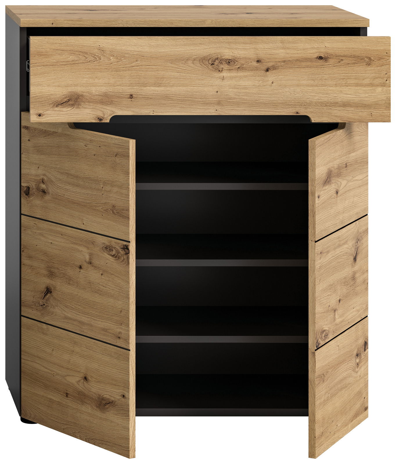 Schuhkommode aus Holz mit geöffneter Schublade und Türen, Frontalansicht