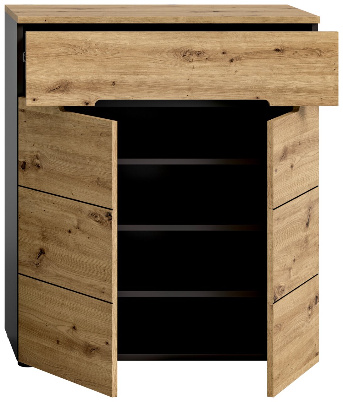 Schuhkommode aus Holz mit geöffneter Schublade und Türen, Frontalansicht